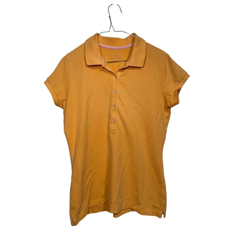 Lilly Pulitzer Polo Shirt Womens‎ Large Golf Casual Preppy Gold Pink Trim